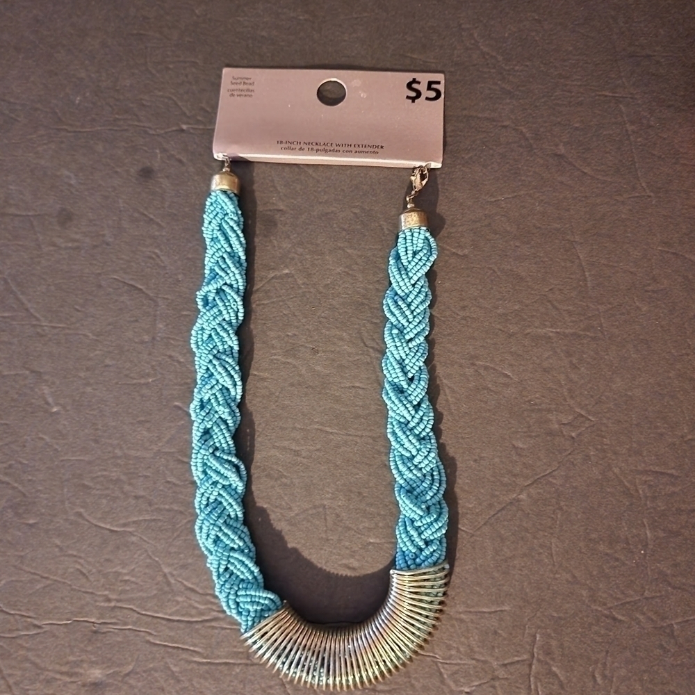 Turquoise Braided Summer Seed Beaded Necklace 18" NWT